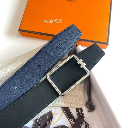 TUBE H BELT SILVER BUCKLE & REVERSIBLE NAVY BLUE LEATHER STRAP 38MM